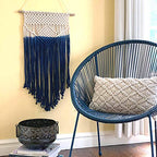 Global Crafts - Handmade Recycled Cotton Macrame Wall Hanging - Cream and Blue Decor