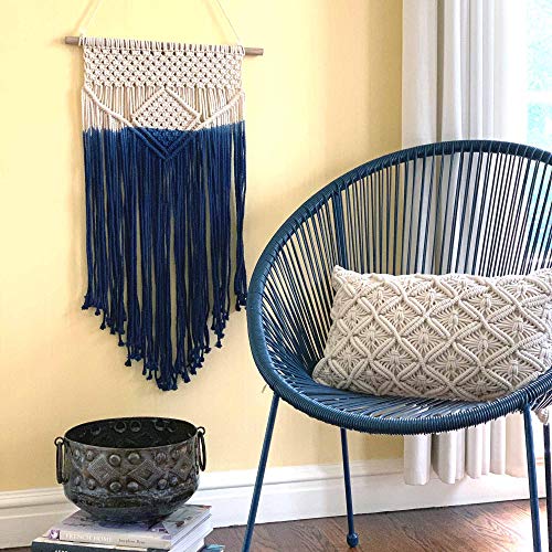 Global Crafts - Handmade Recycled Cotton Macrame Wall Hanging - Cream and Blue Decor