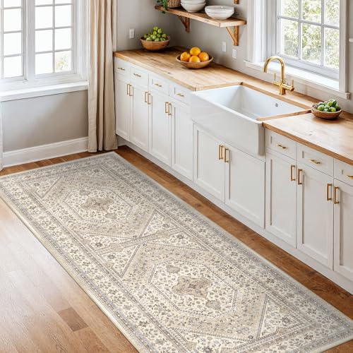 2x7 Runner Rug for Hallway Washable: Non Slip Kitchen Rugs with Rubber Backing Soft Waterproof Wide Mats Stain Resistant Low Pile Carpet for Entryway Bedroom Bathroom Laundry Home Decor Beige/Gray - color: Beige/Gray, size: 2' x 7' (Rectangular)