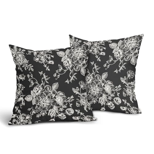 Kawani Vintage Floral Pillow Covers 18x18 Inch Set of 2 Black Floral Outdoor Decorative Throw Pillows Chinoiserie Flower Pillowcases Rustic Farmhouse Cushion Covers for Couch Home Decor - color: Black Floral, size: 18" x 18" (Pack of 2)