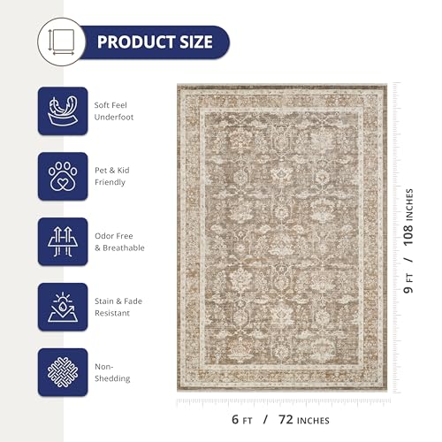 Abani Oriental & Vintage Area Rug - 6'x9' Brown Rectangle Rug for Living Room & Bedroom - Alara Vintage Collection - size: 6' x 9'5" (Rectangular)