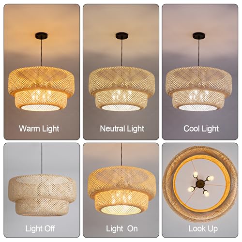 23.65” Farmhouse Bamboo Chandelier 4-Lights Large Hand-Woven Rattan Pendant Light Boho Bamboo Dining Room Lights Fixtures for Bedroom Living Room Restaurant Cafe Kitchen Island - color: Beige-23.65IN