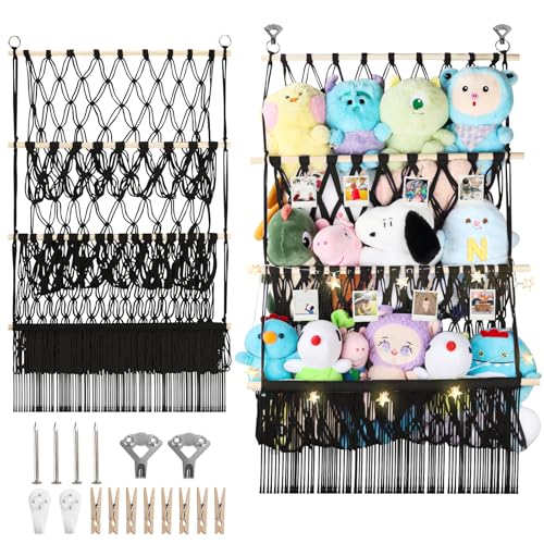 3 Tier Wall Hanging Stuffed Animal Shelf, 24x39 Inch Large Stuffy Storage Holder w/ LED Light & Clips for Mini Medium Plushies Teddy, Black Boho Macrame Toy Hammock Display for Nursery Kids Girls Boys - color: Black, size: Large-3 Tier-24x39 Inch