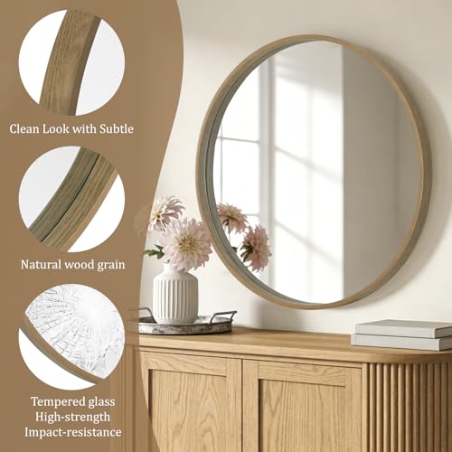 WallBeyond Round Wood Mirror, 36" Round Modern Decoration Large Circle Wall Mirror for Bathroom Living Room Bedroom Entryway, Honey - color: Honey, size: 36"L x 36"W