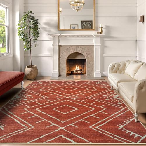 LIVEBOX Moroccan 8x10 Area Rug, Washable Orange Rugs for Living Room Bedroom, Non Slip Western Tribal Rug Geometric Soft Large Area Rug Diamond Carpet for Dining Room Home Office Decor (Brick Red) - color: Brick Red, size: 8‘ x 10'