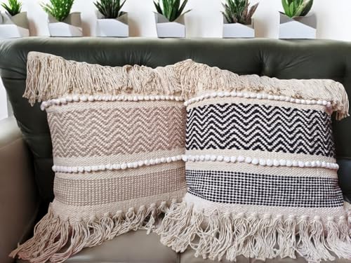 Generic Handmade (Design 1, Pack of 1) Macrame Boho Cotton Pillow Case, 18 x 18 inches, Canvas Fabric, Back Zipper, for Sofa, Bed, Living Room, Bedroom