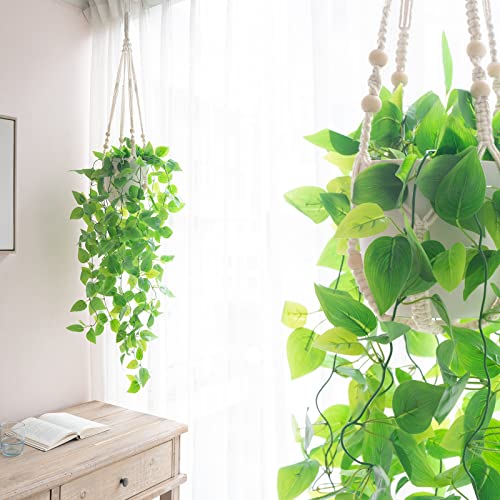Mkono 2 Packs Fake Hanging Plant with Pot, Artificial Plants Macrame Plant Hanger Fake Vine Greenery for Bedroom Bathroom Home Office Decor - color: Ivory