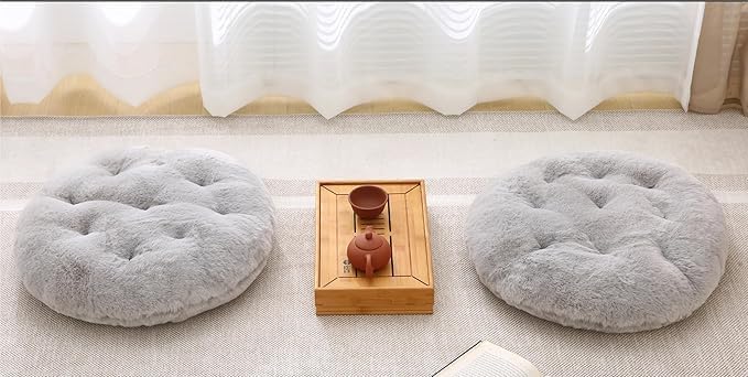 Large Floor Pillow Meditation Cushion Round Floor Cushions for Adults,Luxury Faux Fur Thick Floor Pillows for Sitting Put in Living Room Balcony Outdoor Tatami（Grey）