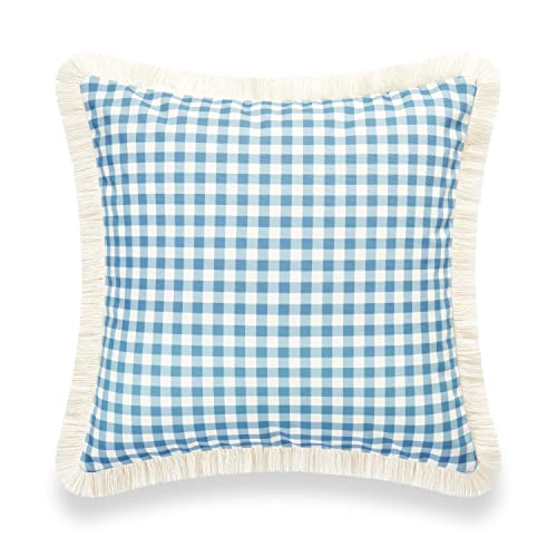 Hofdeco Premium Coastal Hampton Style Patio Indoor Outdoor Pillow Cover Only, 20"x20" Water Resistant for Backyard, Couch, Baby Blue Gingham Fringe - color: Baby Blue Plaid 20"x20", size: 20" x 20" (Pack of 1)