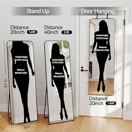 SCWF-GZ 57x20 Full Length Mirror Over The Door Hanging, Floor Stand/Wall Mounted Aluminum Alloy Frame Dressing Mirror for Bedroom Living Room 57 inch Black - color: Black, size: 57"L x 20"W