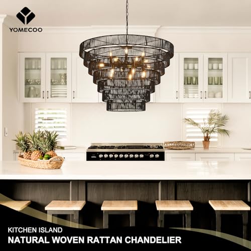 39.4" Large Rattan Chandelier, 15-Light Black Boho Woven Wicker Chandeliers, 7-Tier Rustic Farmhouse Drum Light Fixture for Dining Room, Kitchen, Living Room, Entryway, E12 - color: Black 39IN