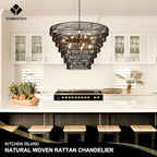 39.4" Large Rattan Chandelier, 15-Light Black Boho Woven Wicker Chandeliers, 7-Tier Rustic Farmhouse Drum Light Fixture for Dining Room, Kitchen, Living Room, Entryway, E12 - color: Black 39IN