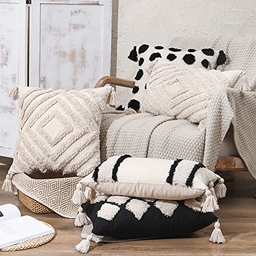 vctops Boho Tufted Decorative Lumbar Throw Pillow Cover with Tassels Cotton Geometric Diamond Cushion Cover for Couch Sofa Bed (Beige,12"x20") - color: Beige, size: 20" x 12" (Pack of 1)