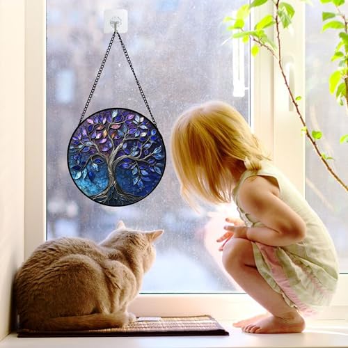 DASTOLL Stained Glass Window Hanging, Blue Purple Tree of Life Sun Catchers Colorful Glass Panel Plants Suncatcher Decor for Birthday for Women,Men,Wife, Lovers, and Mom 6.3 in - color: Blue Purple, size: 6.3x6.3 IN