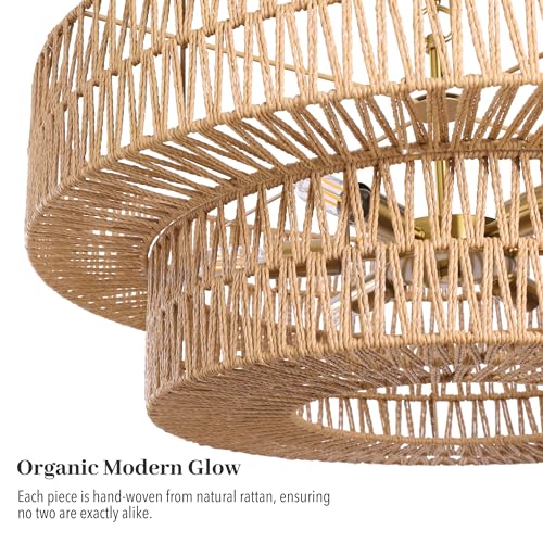 26 Inch Boho Rattan Chandelier, 6-Lights Hand Woven Bohemian Chandeliers with 2-Tier Drum Wicker Shade, Modern Farmhouse Large Pendant Light Fixture for Dining Room Living Entryway Bedroom - color: Gold Metal, size: 26 Inch