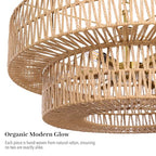 26 Inch Boho Rattan Chandelier, 6-Lights Hand Woven Bohemian Chandeliers with 2-Tier Drum Wicker Shade, Modern Farmhouse Large Pendant Light Fixture for Dining Room Living Entryway Bedroom - color: Gold Metal, size: 26 Inch