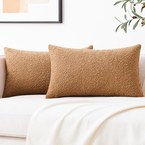 Mixhug Decorative Boucle Throw Pillow Covers, Tobacco Brown, 12 x 20 Inches, Pack of 2 - Textured Boho Pillow Covers for Couch and Bed - color: Tobacco, size: 20" x 12" (Pack of 2)