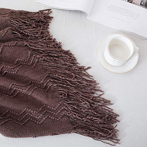 BOURINA Brown Throw Blanket 50x60 Inches Throw Textured Solid Soft Sofa Couch Decorative Knit Blanket - color: Brown, size: 50"x60"