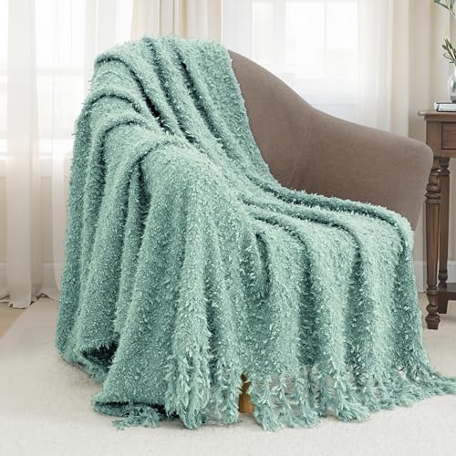 Knit Throw Blanket Fluffy Fuzzy Soft Lightweight Cozy Farmhouse Tassels Chunky Knitted Throws for Couch Sofa Bed (Sage Green, 50"x60") - color: Sage Green, size: 50"x60"