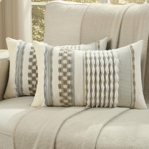 FUTEI Pack of 2 Boho Chenille Decorative Throw Pillow Covers 12x20 Inch Soft Plush Tufted Striped Textured Pillow Case,Farmhouse Accent for Couch Bed Living Room, Grey Brown - color: Grey+brown, size: 20" x 12" (Pack of 2)