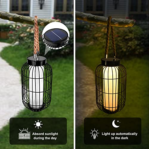 pearlstar Large Solar Powered Lantern Outdoor-Heavy Duty Metal Hanging Lights Decorative Solar Table Lamp Waterproof for Outside Patio Yard Garden Porch Tabletop Decor (Black) - color: Black