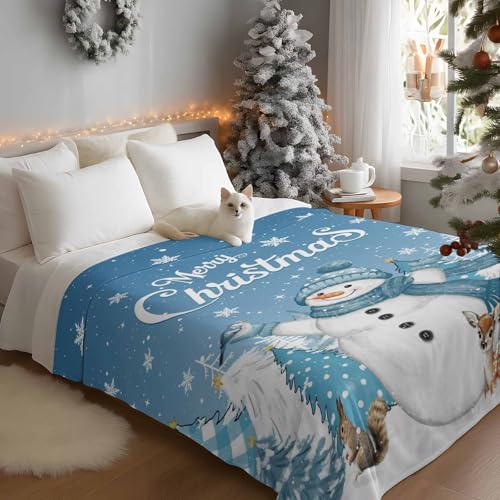 Christmas Throw Blankets, Blue Snowman Soft Fleece Blanket Decorative for Home Sofa Couch Chair Living Bedroom Dorm,40x50 Inches, Merry Christmas Tree Squirrel Deer - color: Christmas-blue Snowman, size: 40x50 Inch