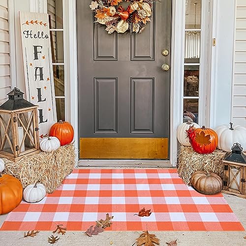 Fall Plaid Area Rug 3x5 Ft, Orange and White Buffalo Check Large Farmhouse Cotton Rug, Hand-Woven Washable Indoor Outdoor Carpet for Halloween Thanksgiving Autumn Porch Patio Decor - color: Orange & White, size: 3' x 5' (Rectangular)