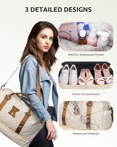 Gifts for Granddaughter-Girl Duffle Bag with Shoe Compartment, Personalized Girl Weekender Bag, Monogram Overnight Bag, Letter Travel Bag with Makeup Bag，Daughter Friend Gifts (Letter S) - color: Beige, style: S