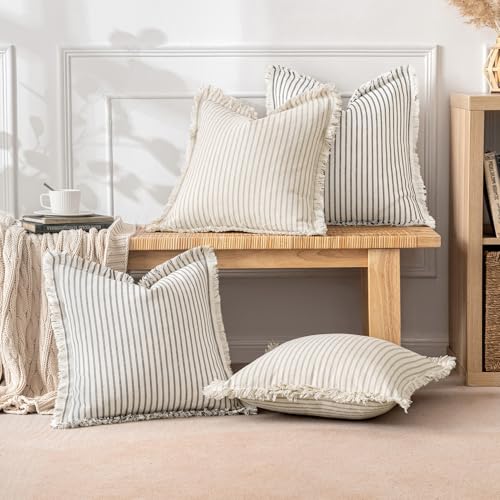 MIULEE Pack of 2 Gray Pillow Covers 20x20 Inch Striped Farmhouse Couch Throw Pillow Covers with Fringe Chic Linen Decorative Cushion Covers for Sofa Living Room Bed Outdoor Home Decor - color: Gray, size: 20" x 20" (Pack of 2)