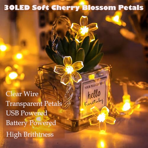 Decorative Flower String Lights for Bedroom, Battery Operated & USB Plug in 10 FT 30 LED Cute Fairy Cherry Blossom Floral Lamps Indoor Outdoor Christmas Holiday Hanging Vine Decorations (Warm White) - color: 10ft Warm White Flower Lights