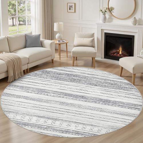 Tortania 5' Round Area Rug Living Room Rugs - Washable Large Soft Neutral Boho Moroccan Bohemian Farmhouse Rug Indoor Floor Carpet for Bedroom Under Dining Table Home Office Decor - Grey - color: Grey, size: 5' (Round)
