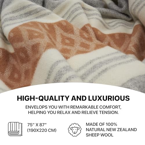 | Wool Blanket/Throw | 100% New Zealand Wool | Perfect for Home and Outdoors | Virgin Wool Throw with Fringes 75"x87" (190 x 220 cm) - color: Beige/Gray/Milky, size: Full