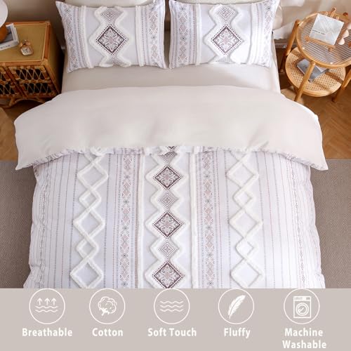 Herside Light Brown 100% Cotton Duvet Cover Set King Size, 3-Piece Tufted Textured Modern Boho Moroccan Bedding, Aztec Geometric Farmhouse Comforter Cover with 8 Corner Ties & Double Zipper - color: Light Brown, size: King(No Comforter)