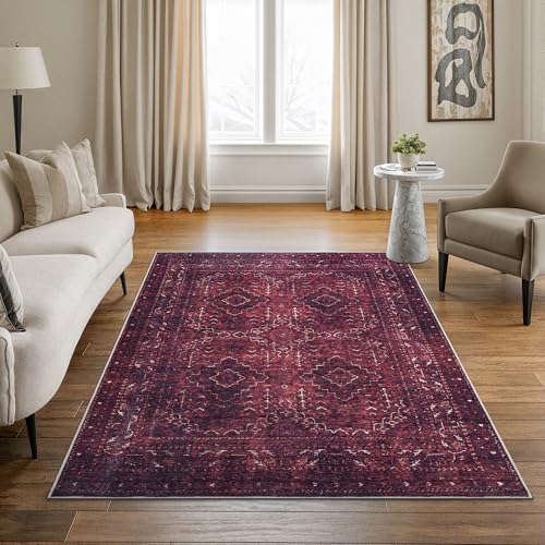 Bloom Rugs Washable Non-Slip 5' x 7' Rug - Dark Red Traditional Bordered Area Rug for Living Room, Bedroom, Dining Room, and Kitchen - Exact Size: 5' x 7' - color: Dark Red, size: 5' x 7' (Rectangular)