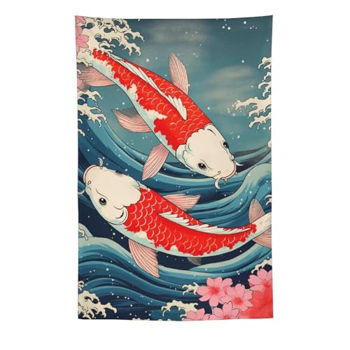QEOPGNE Large Wall Tapestry Koi Fish Japanese Great Waves Cherry Blossom Retro Flags Tapestry for Room Living Room Wall Decor Large Wall Art Tapestries 60"x90" - color: Style, size: 90L" x 60W"
