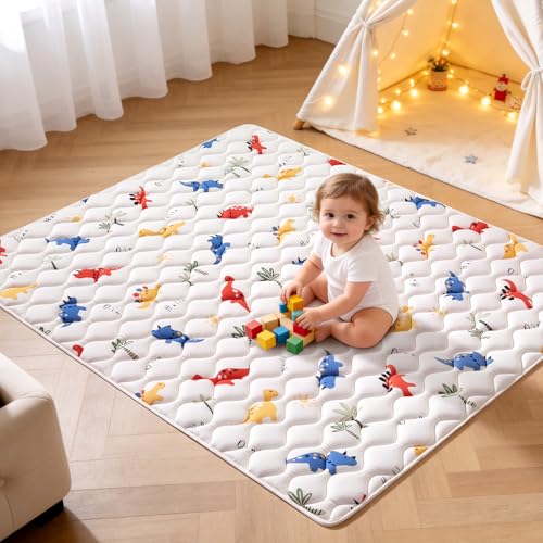 Odorless Premium Foam Baby Play Mat 50" x 50", Soft Microfiber Fabric Crawling Mat for Floor- Comfortable and Hypoallergenic, Non-Slip Cushioned Floor Playpen mat for Infants,Babies,Toddlers - color: A- Fun Dinosaur, size: 50" X 50"