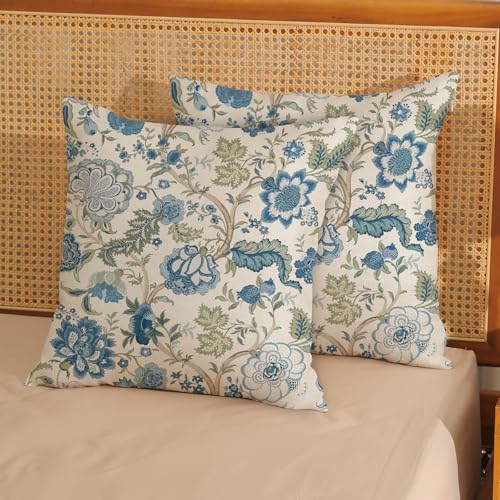 Boho Pillow Covers 18x18 Set of 2 Vintage Blue Flower Throw Pillow Covers Outdoor Decoration Chinoiserie Floral Pillowcase Farmhouse Decorative Linen Cushion Case for Home Sofa Couch - color: Boho-flower-blue, size: 18" x 18" (Pack of 2)