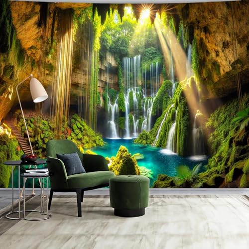 FENDROM Waterfall Tapestry Tropical Forest Mountain Sunset Cave Stone Wall Hanging Scenic Rainforest Landscape Nature Sunrise Headboard for Bedroom Living Room Home Decor - color: Cave, size: 79"L x 59"W