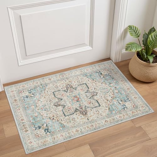 Tortania Area Rug 2x3 Doormat - Washable Vintage Oriental Farmhouse Soft Thin Indoor Carpet for Living Room Bedroom Hallway Entryway Kitchen - Aqua Multi - color: Aqua Multi, size: 2' x 3' (Rectangular)
