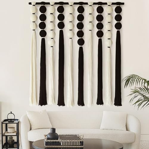 IOWER Large Macrame Wall Hanging Macrame Wall Decor Black and White Sphericity Cotton Textile Wall Hanging Boho Wall Decor Art Fiber Yarn Art Handmade 39" Wx39 L - color: Black and White