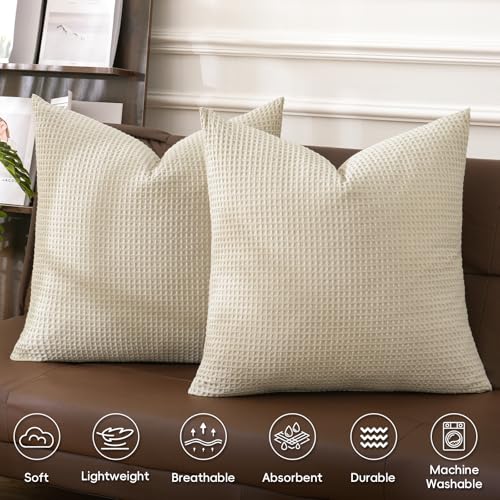 PHF 100% Cotton Waffle Weave Throw Pillow Cover, 22" x 22", No Filling, 2 Pack Elegant Home Decorative Square Throw Pillow Covers for Bed Couch Sofa,Linen - color: Linen, size: 22" x 22" (Pack of 2)