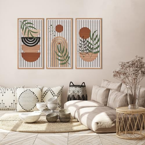 IARTTOP Large Boho Wood Wall Art Framed 16x32 Inch Mid century Modern Wooden Wall Decor Abstract Bohemian Minimalist Art Decor for Bedroom Living Room Office Set of 3 - color: Vintage Boho, size: 16 x 32 inches