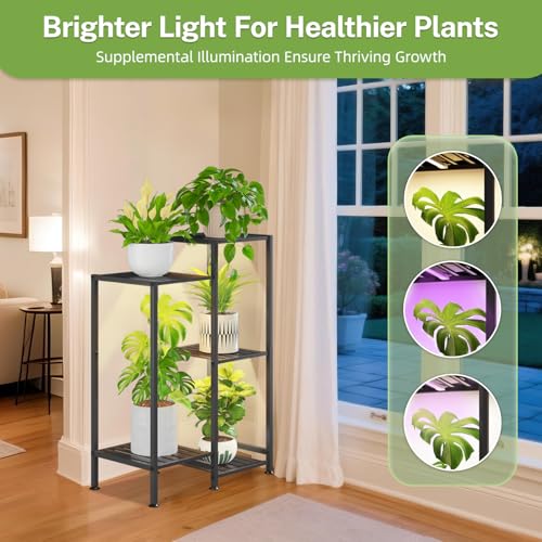 iDavosic.ly Indoor Plant Stand with Grow Light, Metal 5 Tier Corner Flower Holder Shelf Outdoor for Large Pots, Tall Rack for Patio Porch Balcony Living Room, Black - color: Black with Light, size: 5 Tiers
