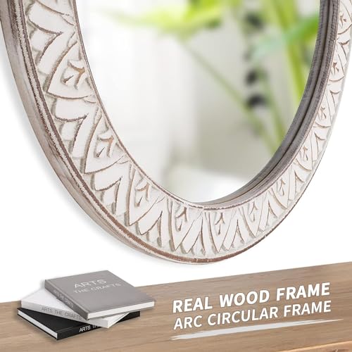 20" Round Rustic Mirror Wooden Frame Circle Mirrors, Distressed Wall Mounted Mirror for Bathroom, Bedroom, Living Room, Entryway, Fireplace, Hall - color: Flower White, size: 20"L x 20"W