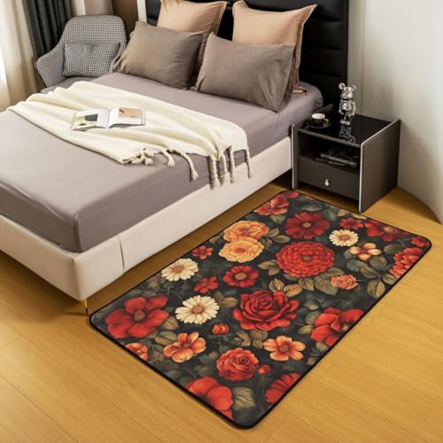 Erosebridal Retro Floral Area Rug 4'11" x 3'3" Black Dark Romantic Living Room Rugs Red Orange Peony Decorative Carpet Vintage Flowers Indoor Floor Mat - color: Black Red Yellow, size: 3'3" x 4'11" (Rectangular)