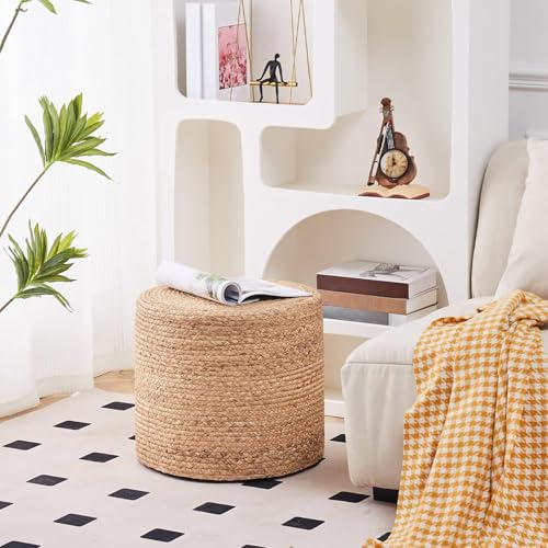 Wimarsbon 2Pcs Pouf Ottomans, Natural Seagrass Foot Stool, Hand Weaving Round Ottoman, Boho Decorative Seat, Jute Braided Pouffe Poof Accent Sitting Footrest (18inch Natural Water Hyacinth Braid) - color: 18inch Natural Water Hyacinth Braid