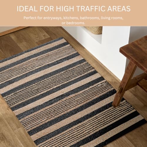 Area Rug Farmhouse 2x3 Feet - Hand Woven Jute Cotton Rug Bohemian Rustic Vintage - Non Slip Floor Rug for Bedroom Living Room Kitchen Dorm Entryway Hallway - Area Rug Natural Black - color: Natural Black, size: 2'x3'