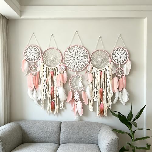 Set of 5 Boho, Hanging Large Boho Dream Catcher Wall Hanging Moon Dream Catcher Set Dream Catchers Wall Decor for Vintage Wedding Home Decorations (Pink) - color: Pink