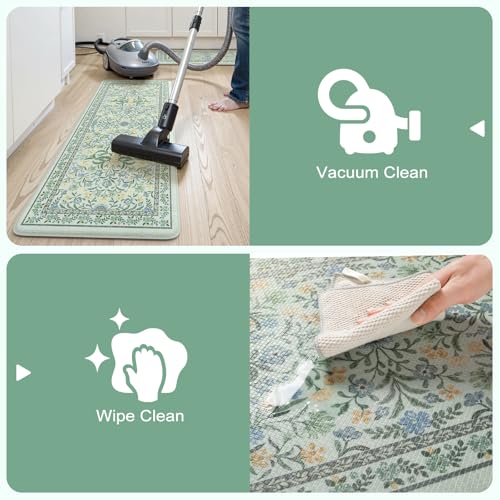 Collive Anti Fatigue Mats for Kitchen Floor, Cushioned Waterproof Sink Rug Set of 2 Spring Floral Kitchen Mat Comfort Non Skid Standing Rug for Office, Desk, Laundry, 17"x30"+17"x59" - color: Teal, size: 17.3"x59"+17.3"x29"
