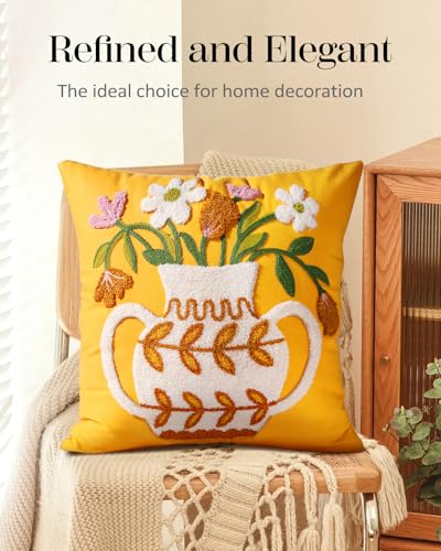 Embroidered Throw Pillow Cover - 18x18 Decorative Pillow Cover with Zipper Aesthetic Cute Design Boho Spring Summer Cozy Throw Pillowcase for Living Room Couch Sofa Bed, Floral Vase - color: Floral Vase, size: 18" x 18" (Pack of 1)
